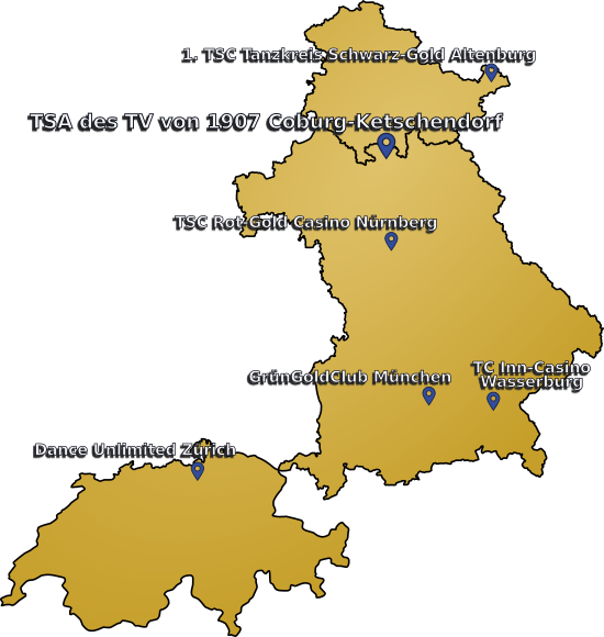 Kartenausschnitt mit allen teilnehmenden Vereinen (von Nord nach Süd): 1. TSC Tanzkreis Schwarz-Gold Altenburg, TSA des TV von 1907 Coburg-Ketschendorf, TSC Rot-Gold Casino Nürnberg, GrünGoldClub München, TC Inn-Casino Wasserburg, Dance Unlimited Zürich